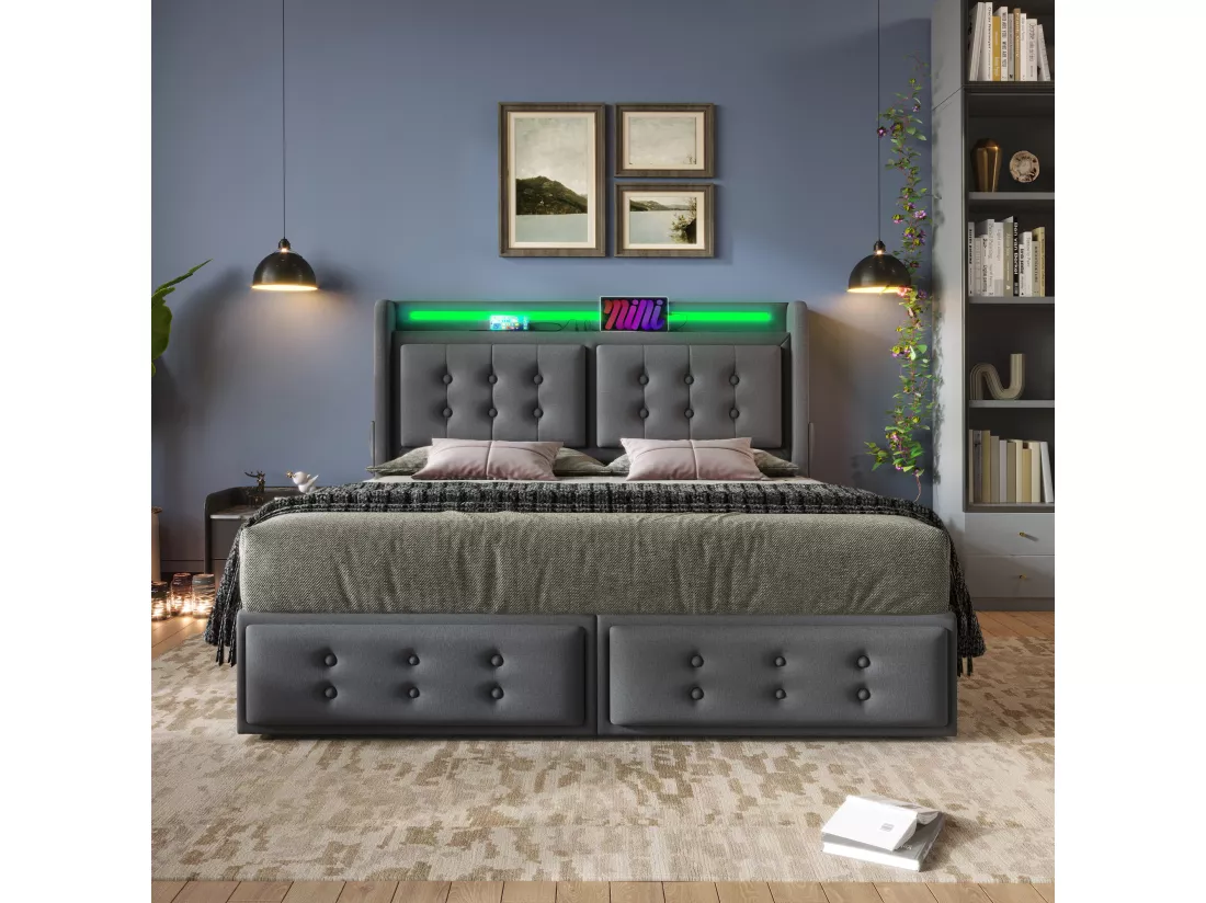 Lit adulte 180x200cm en tissu lin - avec LED et Ports de recharge - 4 tiroirs - Gris