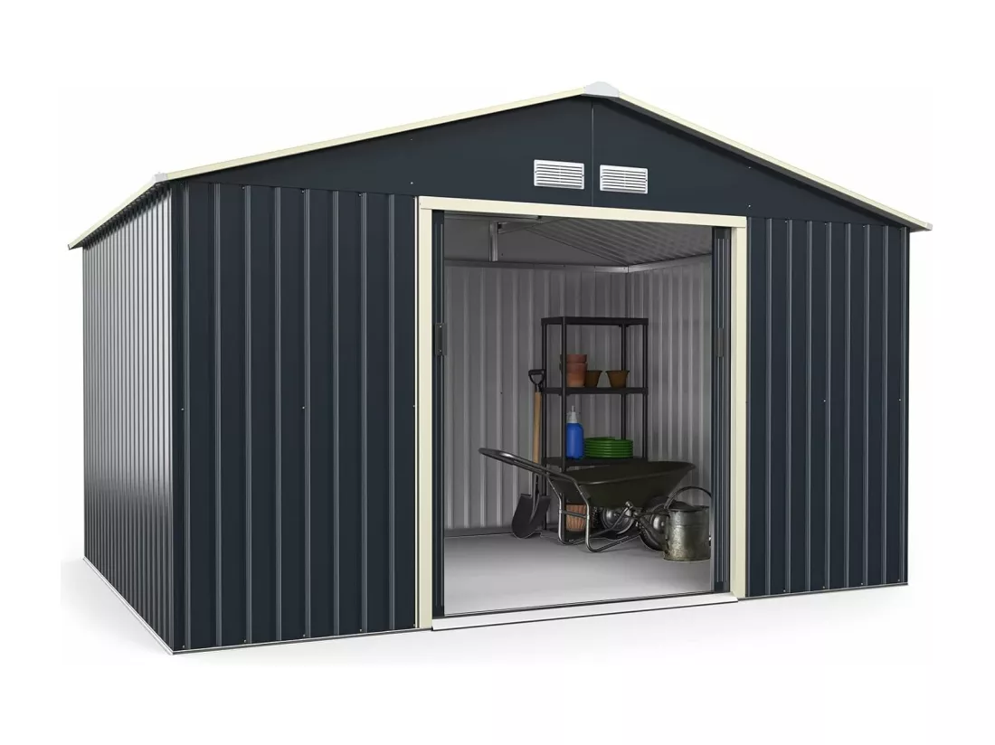 Abri de Jardin Métal 2 Portes Coulissantes Verrouillables, 4 Trous d’Aération, Toit Penché, Cabane Exterieur pour Vélo, Poubelle, 340 x 255 x 210 cm (Gris)