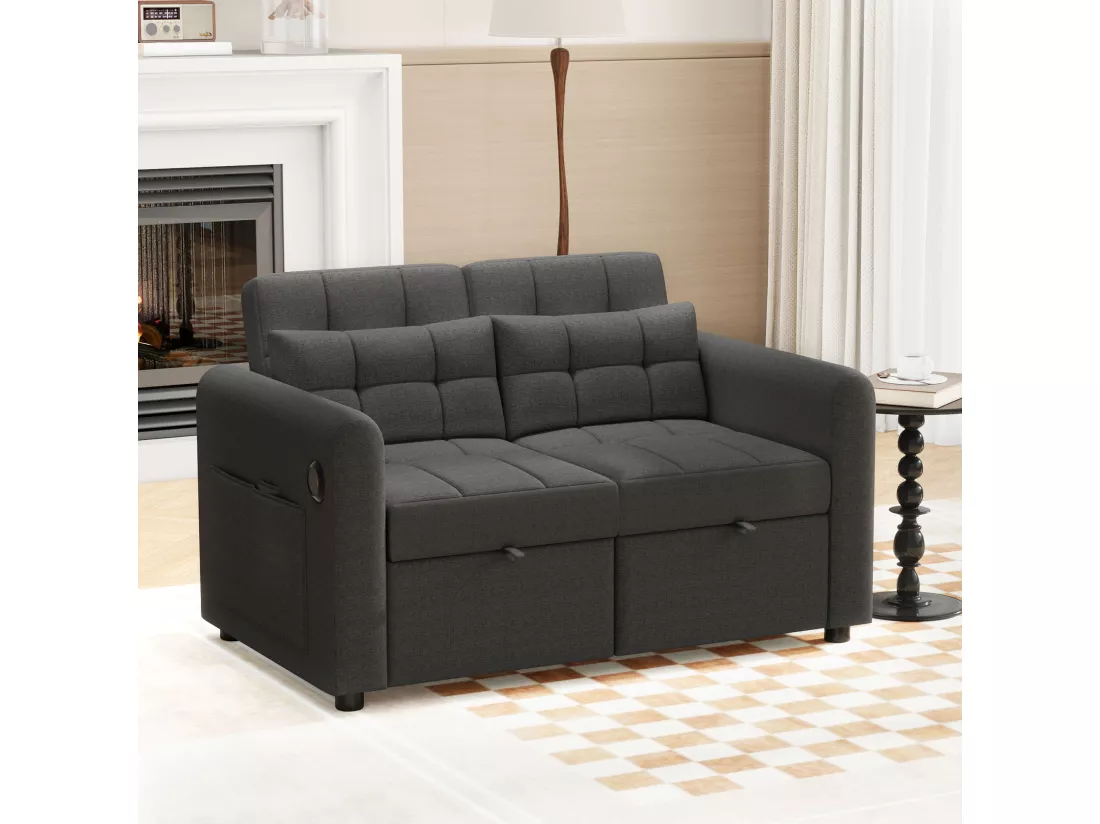 Canapé convertible 2 places en tissu lin avec dossier réglable et prise USB, canapé-lit - 142 x 85 x 83 cm - Fonction sommeil - Gris