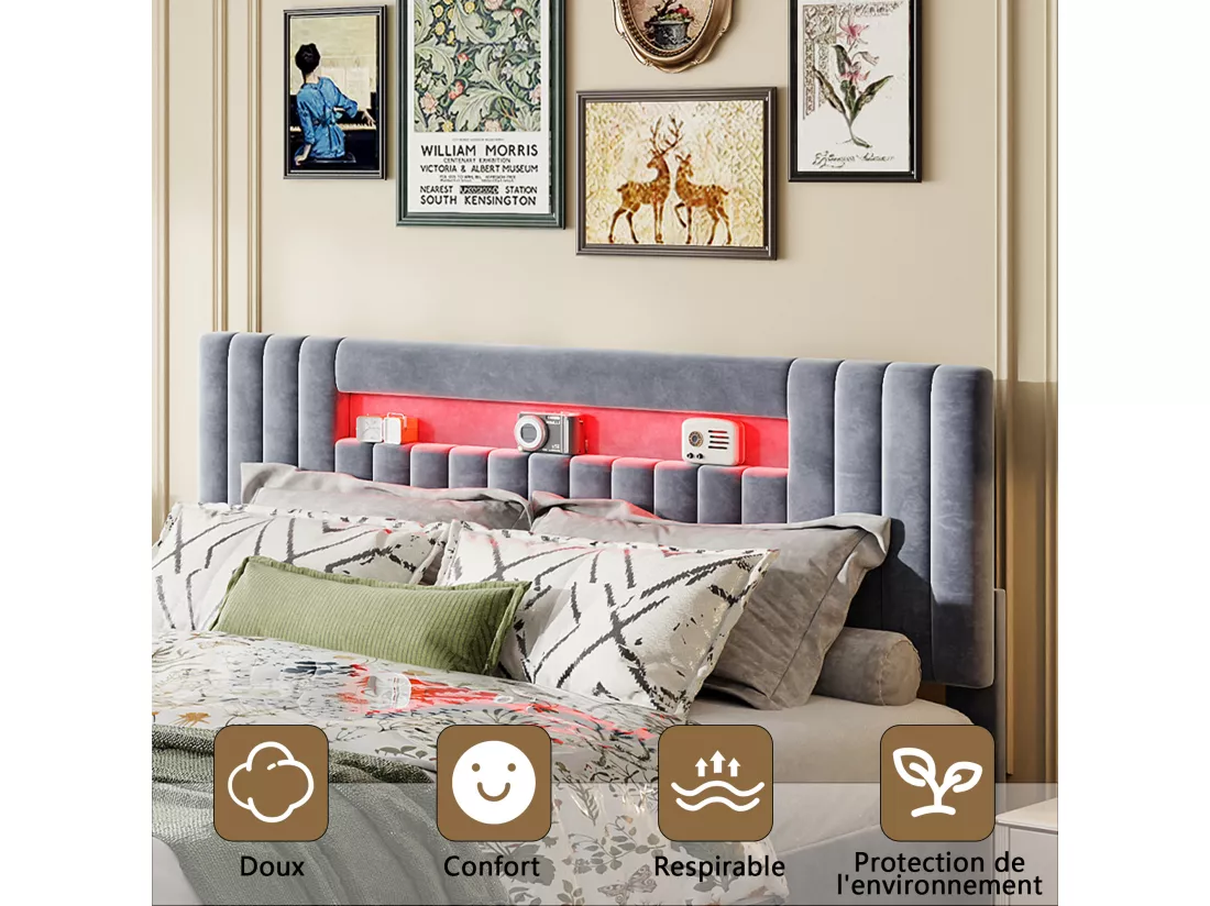 Lit coffre 140x200cm - Lit double avec sommier à lattes et tête de lit LED avec rangemet, en tissu velours gris