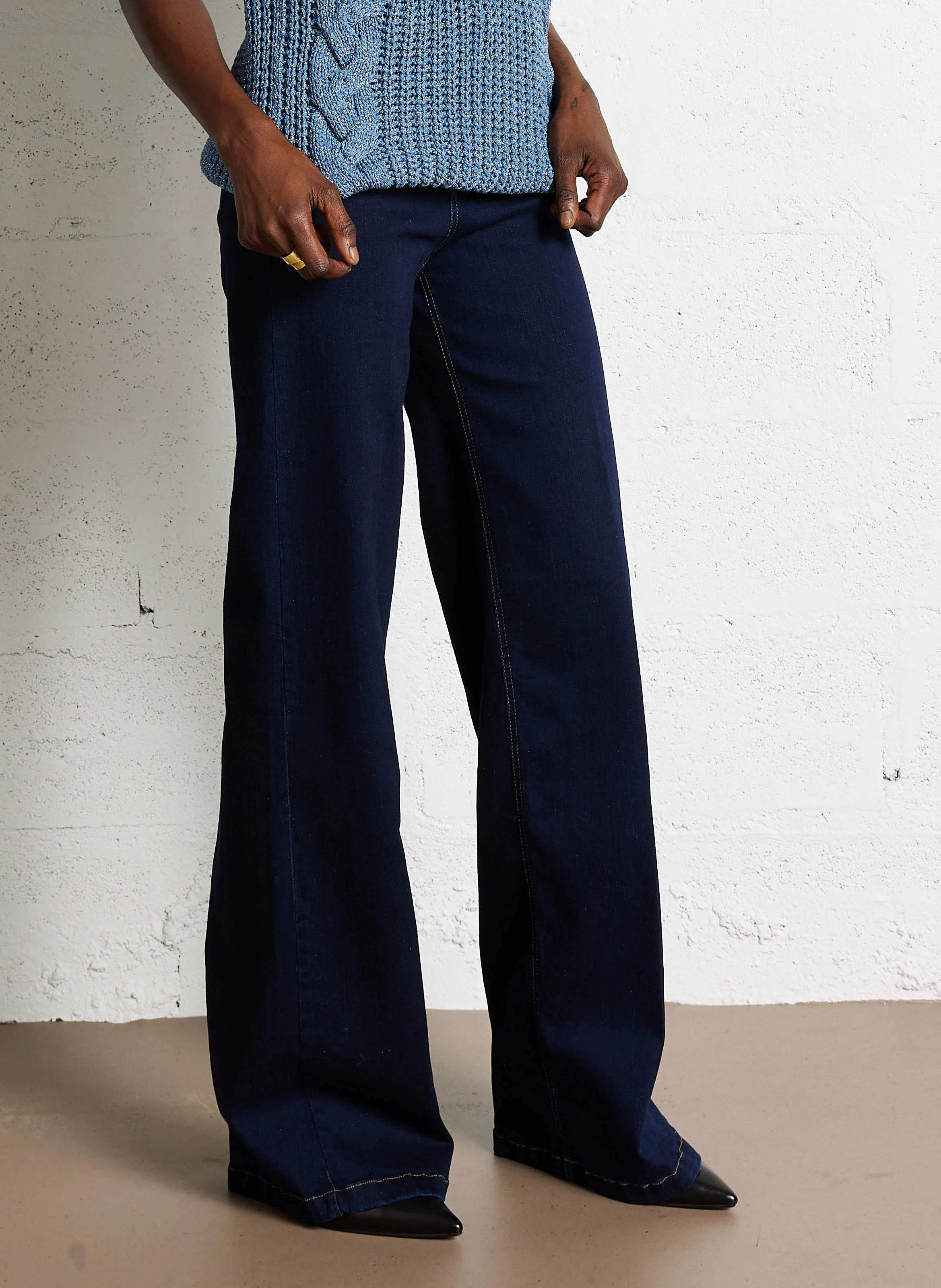 Jean évasé taille haute en coton mélangé | Bleu