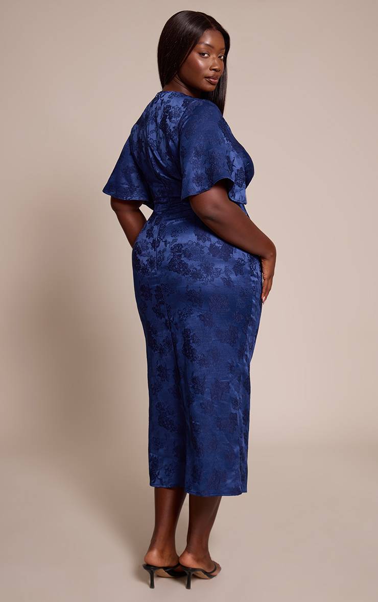 Bleu Marine Robe Midi Grande Taille À Décolleté Plongeant, Manches Bouffantes Et Jacquard Fleuri