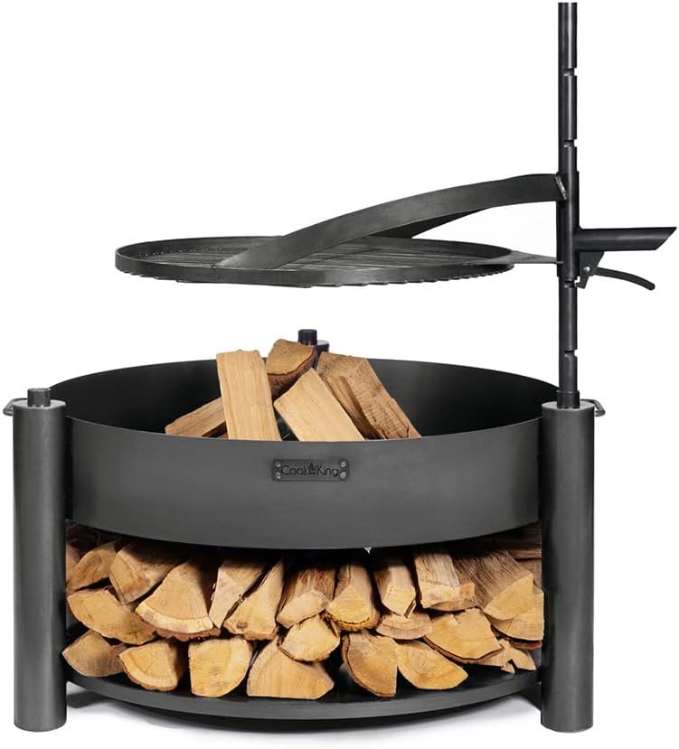 CookKing Feuerschale Montana X 60 mit Holzlager und Zubehör aus Rohstahl Ø 60 cm handgeschweißt wetterfest inklusive Grillrost und Befestigungsmast für Garten Terrasse Outdoor