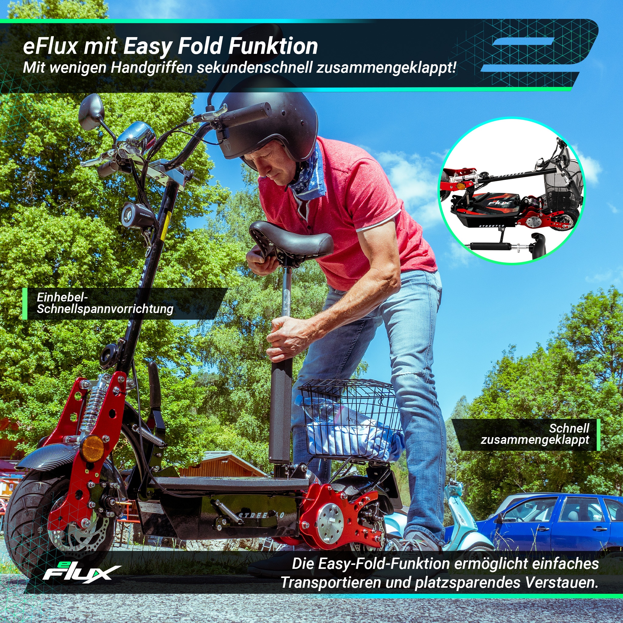 eFlux Street 40, E-Scooter mit Straßenzulassung, 35 km/h, 800 Watt, mit Sitz, Gepäck-Korb, klappbar (Schwarz)