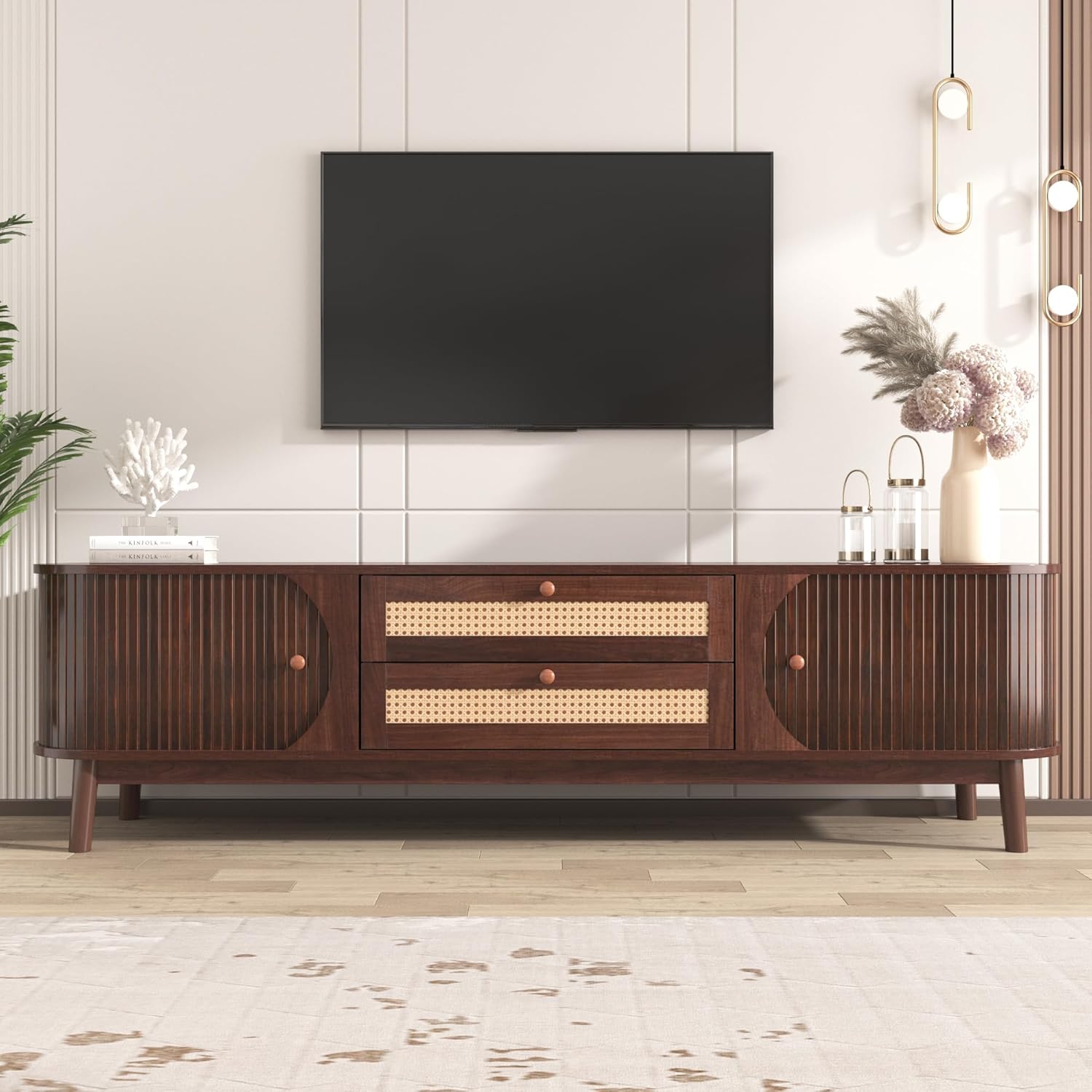 Merax TV Ständer, Lowboard TV Board mit 2 Schubladen und 2 Schiebetüren aus Massivholz, TV-Schrank mit Rattan, Landhausstil Sideboard, Fernsehschrank für Wohnzimmer Esszimmer, 170cm, Braun