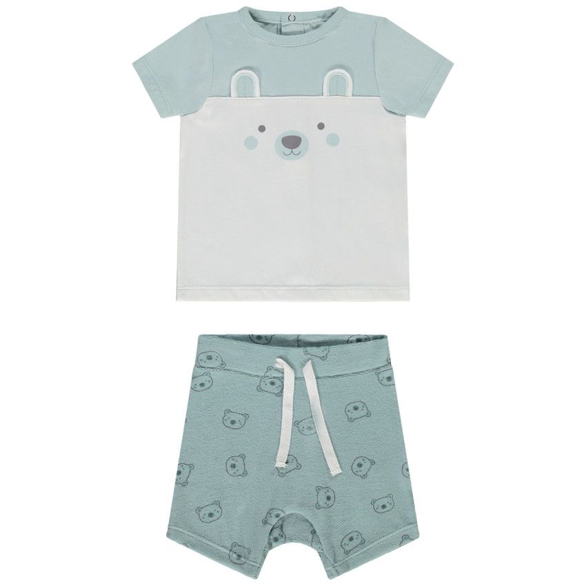 Ensemble court 2 pièces en éponge motif ourson pour bébé garçon - Bleu