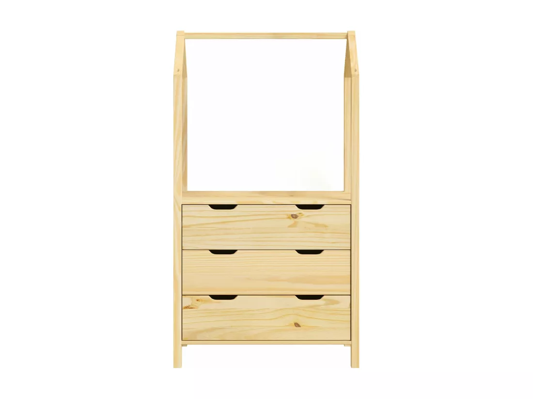 Commode AMIRA meuble de rangment pour enfant en forme de maison, avec 3 tiroirs et 1 tringle, en pin massif naturel