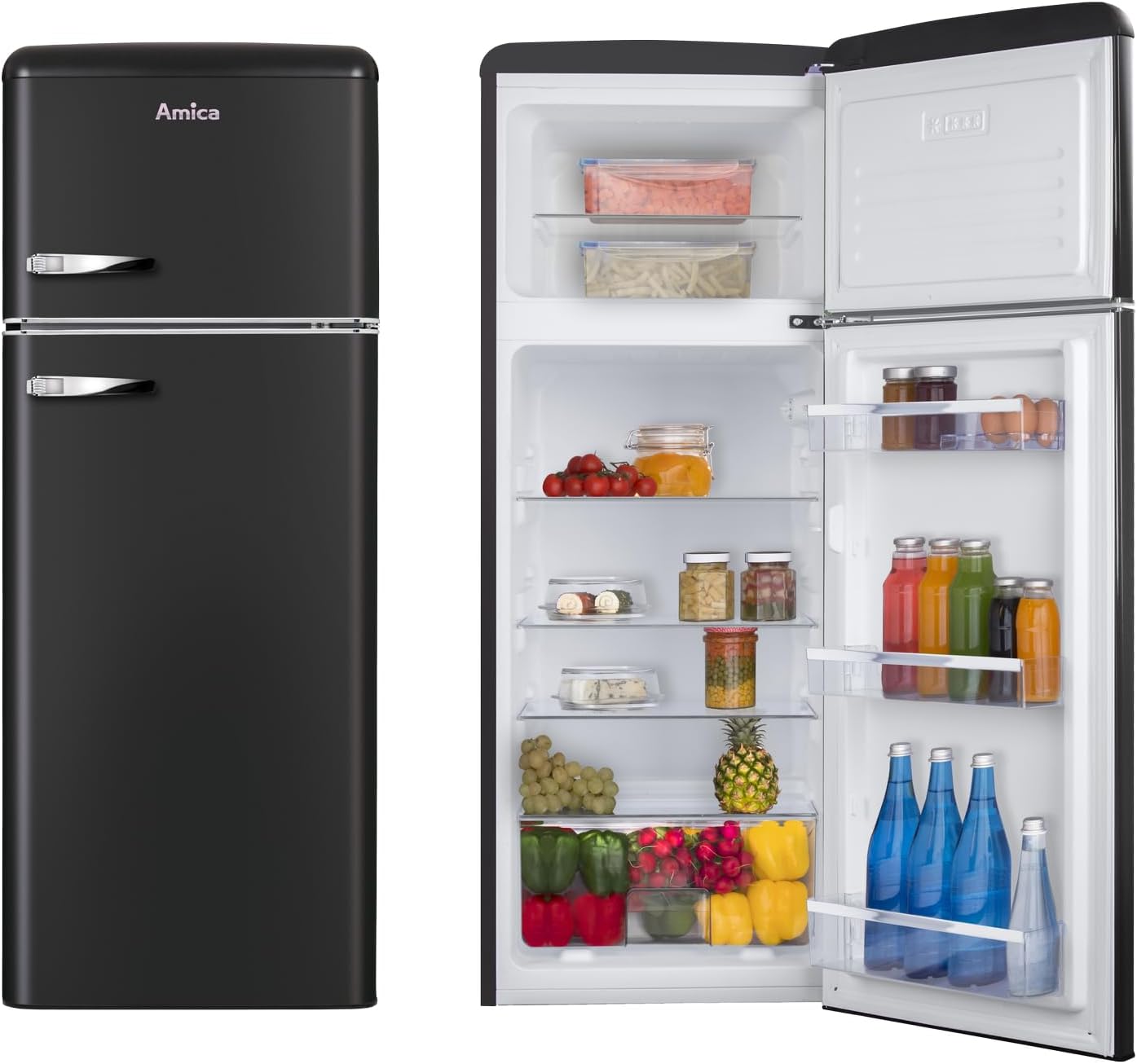 Amica KGC 15637 MS Retro Kühl-/Gefrierkombination / Mattschwarz / 144cm (H) x 55cm (B) x 62cm (T) / Retro-Design / Kühlschrank mit Gefrierfach