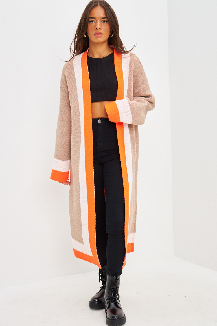 Gilet long en mailles beige à bande orange
