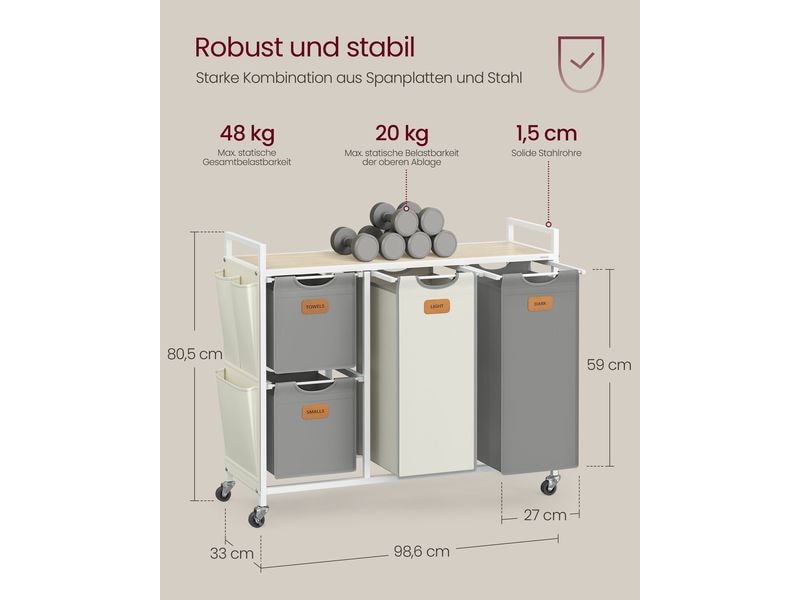 VASAGLE Wäschekorb  mit 4 Körben 150 l, Beige/Taubengrau/We Wäschesammler