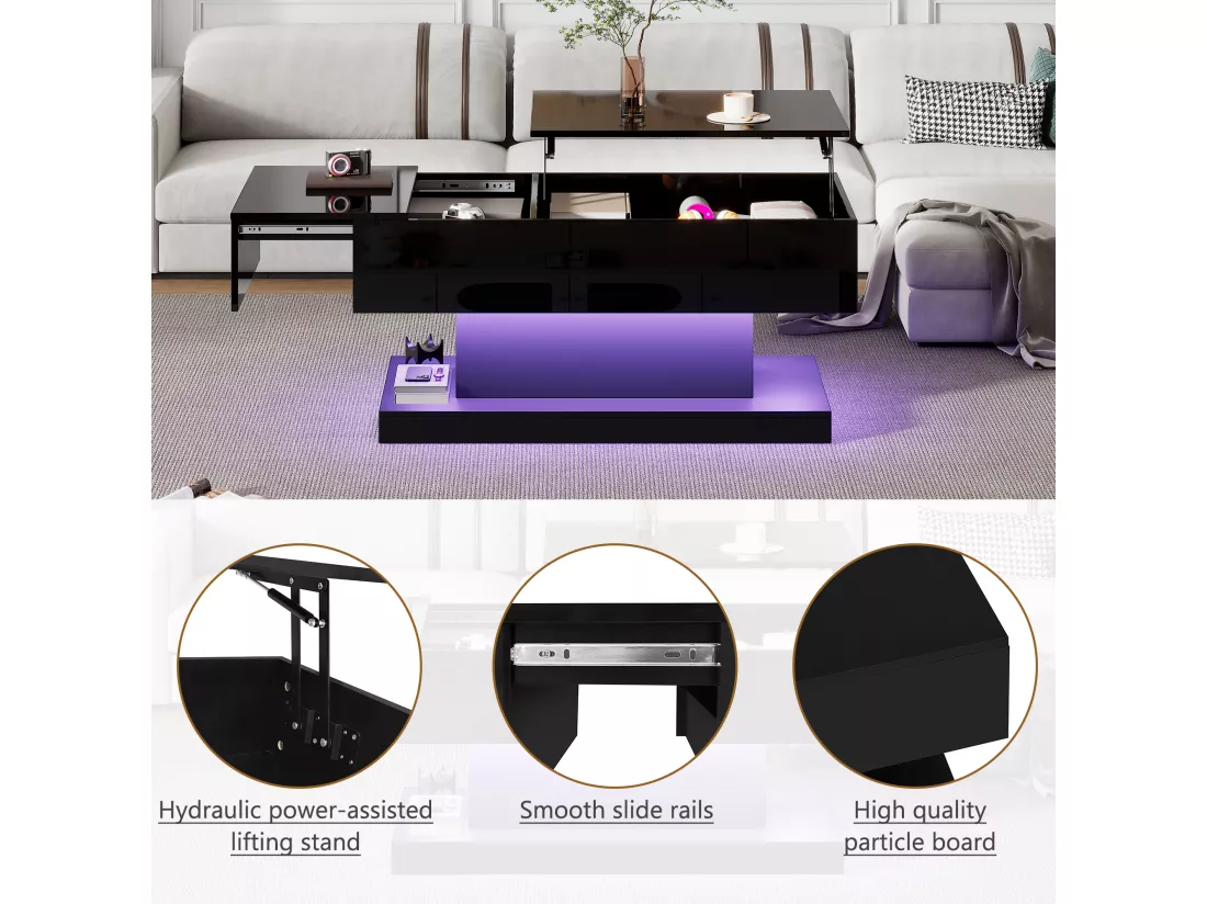 Table basse relevable avec LED - avec espace de rangement et plateau semi-relevable - Noir