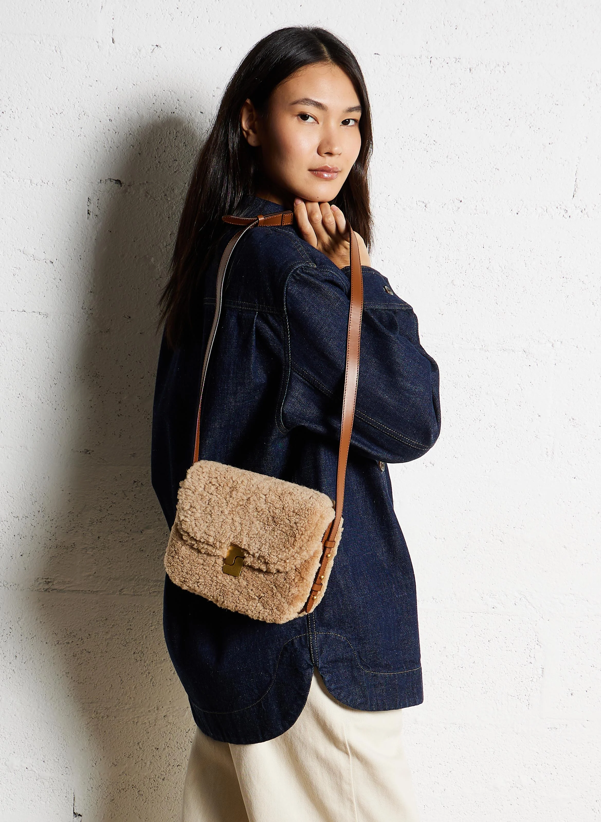 BELLISSIMA MINI - Sac bi-matière en cuir glacé et shearling| Marron