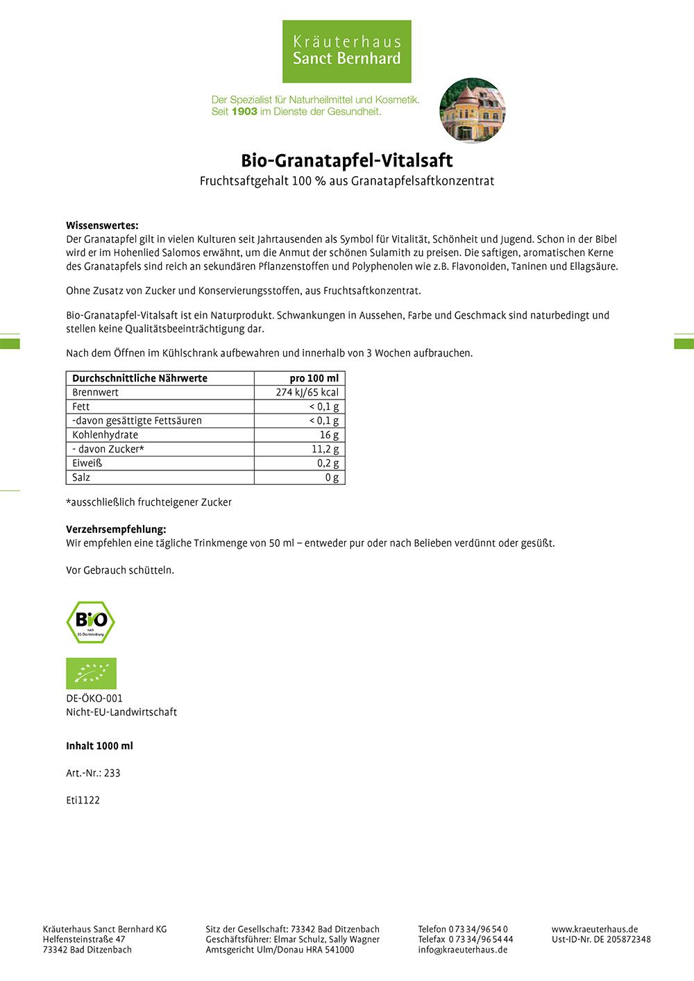 Sanct Bernhard Bio-Granatapfel-Vitalsaft