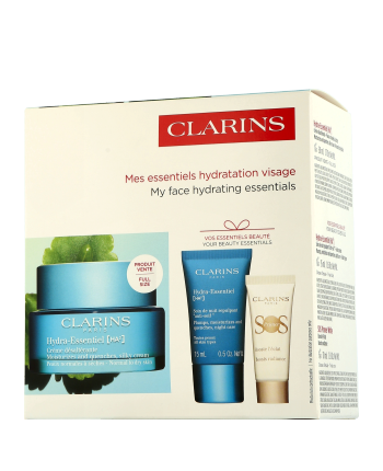 Clarins Hydra-Essentiel Set mit Crème Désaltérante, Soin de Nuit & MINI SOS Primer 50ml-15ml-10ml