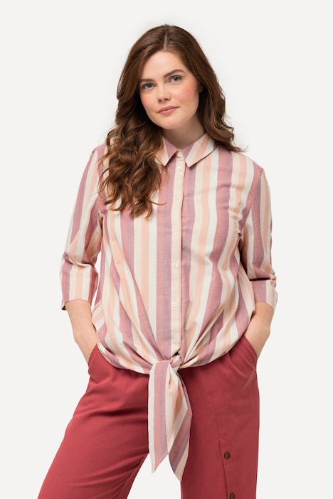 Bluse, Streifen, Saumknoten, Hemdkragen, 3/4-Arm