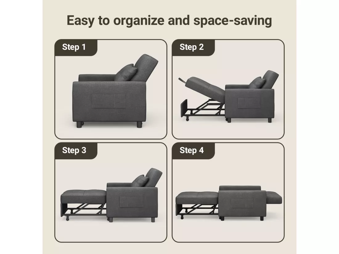 Fauteuil Convertible, Canapé Lit 1 Place Fauteuil Chaise Longue Coussin Réglable Rangement Roues Pliante AR21-D