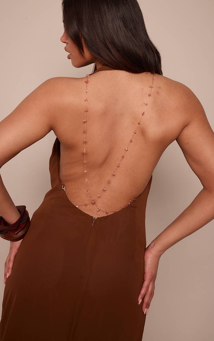 Marron Robe Longue Ajustée À Encolure Ronde Dos Nu Avec Perles Chocolat