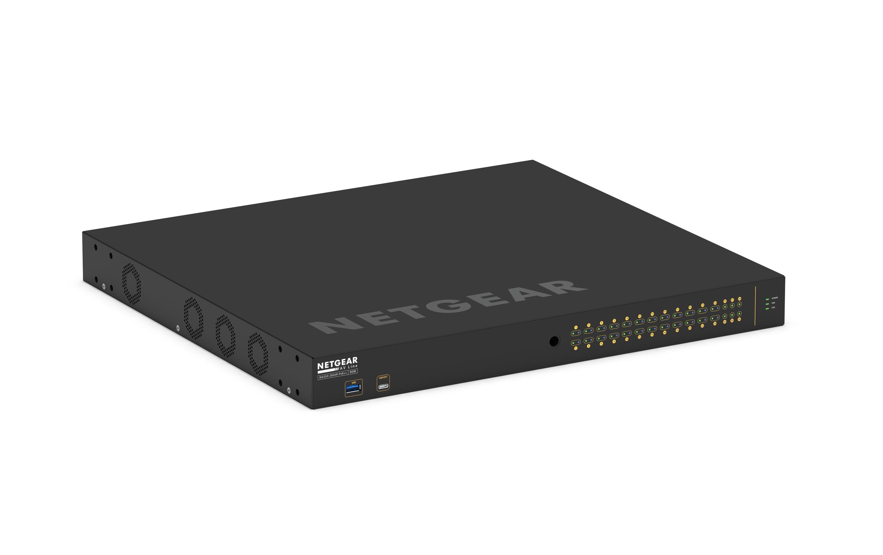 PoE++ Switch AV Line M4250-26G4F-PoE++ 28 Port<br>NETGEAR AV Line M4250-26G4F-PoE++ 24x1G Ultra90 PoE++ 802.3bt 1.440W 2x1G und 4xSFP Managed Switch (GSM4230UP)