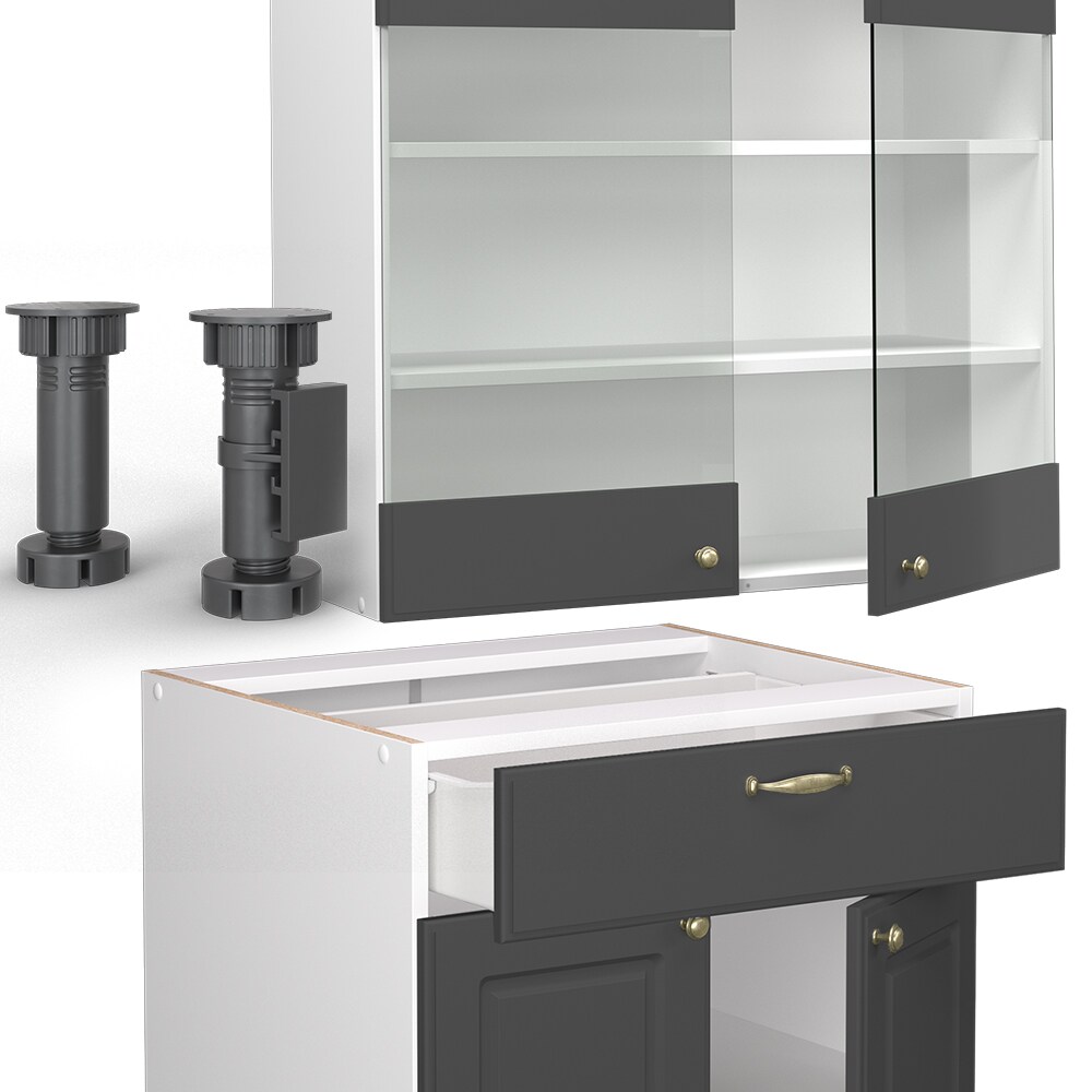 Vicco Küchenzeile Küchenblock Einbauküche Fame-Line Single Landhaus Weiß Anthrazit Gold 140 cm modern Küchen Schränke Spülenunterschrank Schubunterschrank Hängeschrank Hängeglasschrank