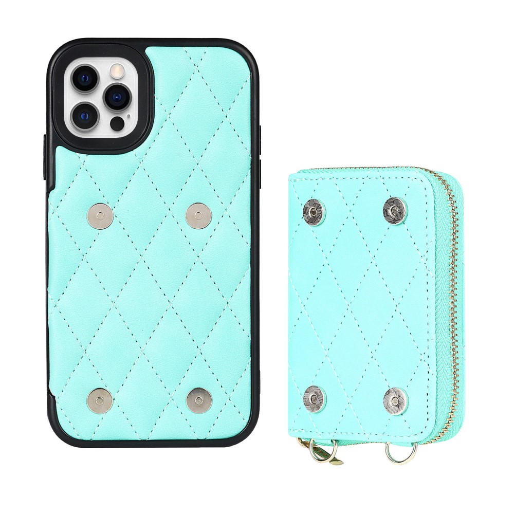 iPhone 12 / iPhone 12 Pro Necklace Leder Hülle mit Magnet Wallet Kreditkarten Münzfach   Handykette (140cm) - Türkis