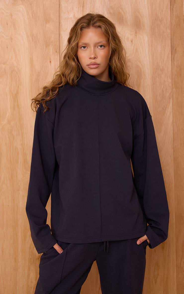 Bleu Marine Sweat-shirt Col Montant À Coutures Entrelacées
