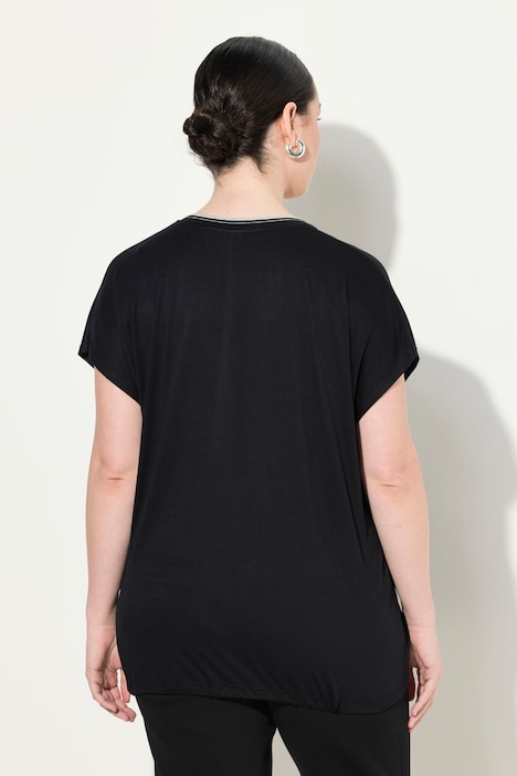 Blusenshirt, Satinfront, V-Ausschnitt, Saumband, Halbarm
