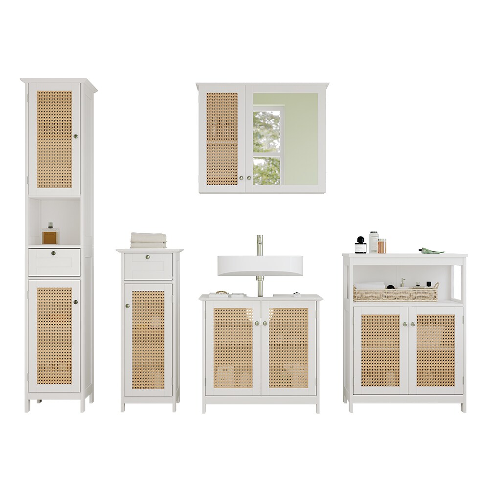 Vicco Badmöbel-Set Rosario, Weiß, moderne Serie, Badezimmer, dekorative Front, Spiegelschrank, Waschtischunterschrank, Midischrank, Hochschrank, Sideboard