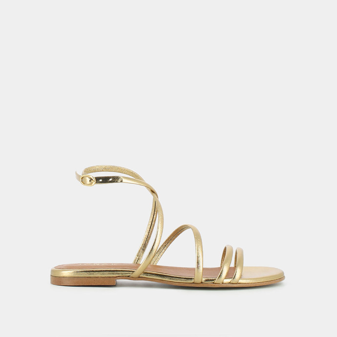 Sandales plates à brides et lanières  en cuir métallisé platine