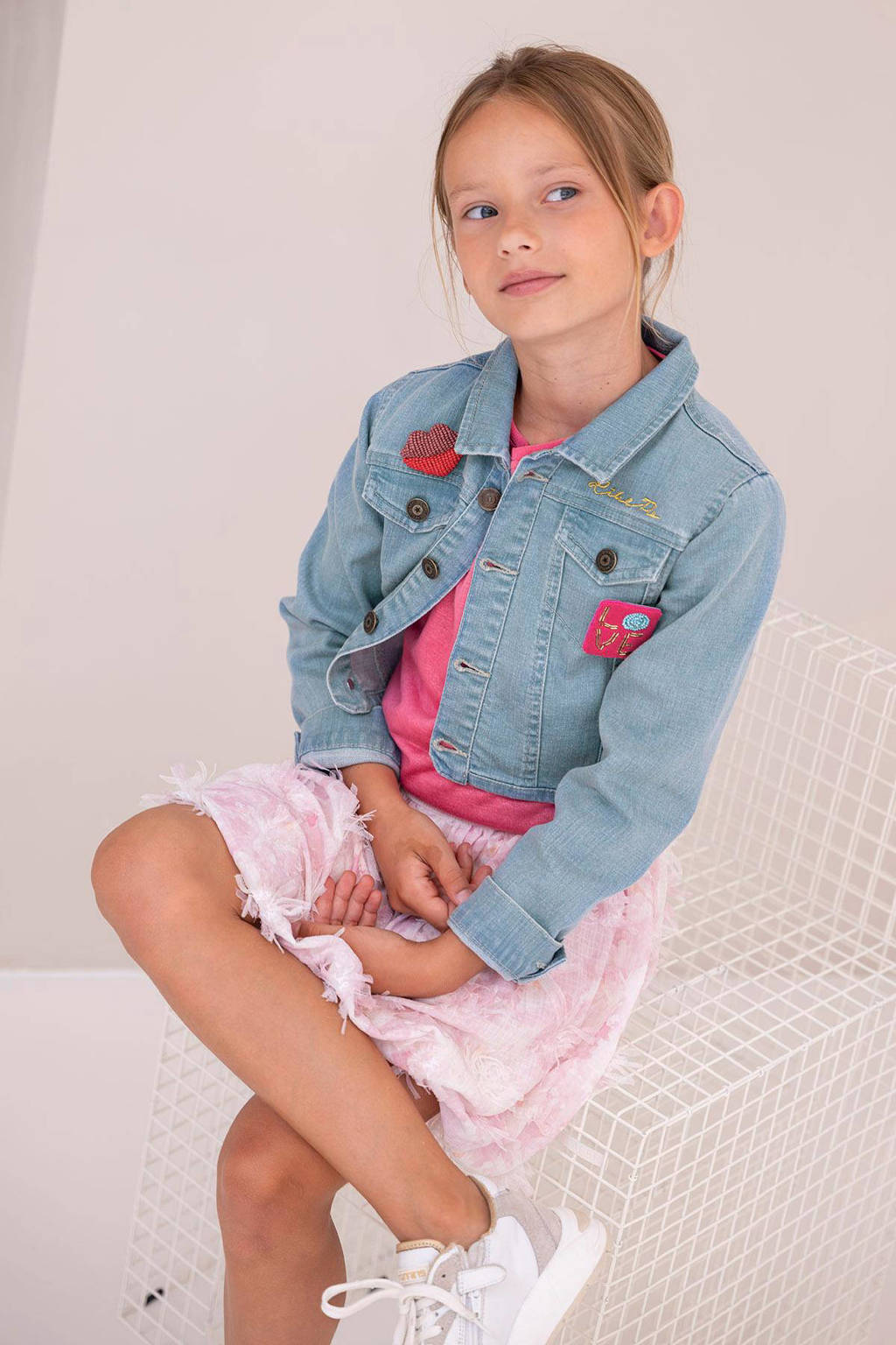 Like Flo rok met all over print en franjes lichtroze/wit