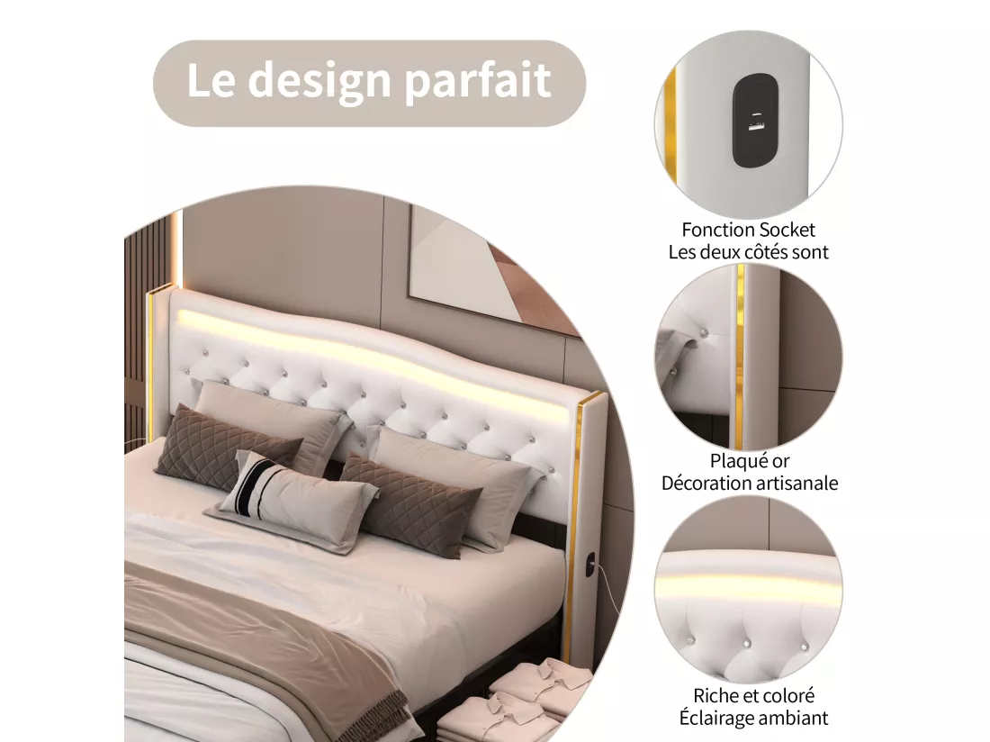 Lit 140x200cm avec Sommier LED et USB, lit Capitonné avec 4 Tiroirs, Cadre de Lit avec Sommier à Lattes, Lit 2 Personnes, PU, Blanc