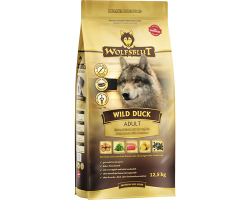 WOLFSBLUT Wild Duck Adult droog hondenvoer, eend met aardappelen met waardevolle superfoods, graanvrij, glutenvrij, 12,5 kg