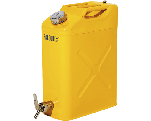 Falcon veiligheidsjerrycan met draagbeugel, schroefdop en fijndoseerkraan, 20 l, staal, geel gelakt
