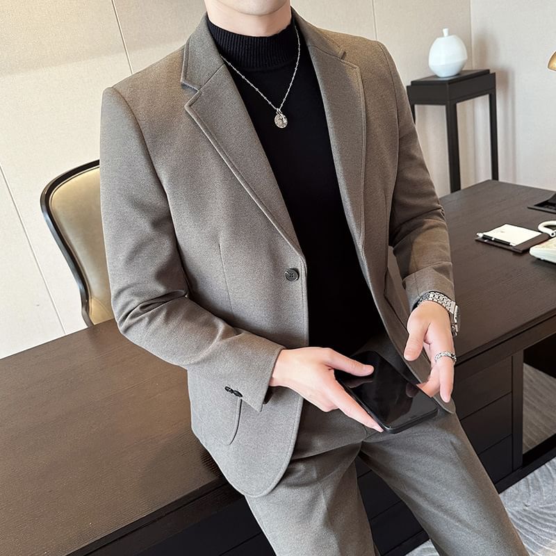 Lefitt - Effen enkelrijs blazer / Middelhoge taps toelopende pantalon / Set