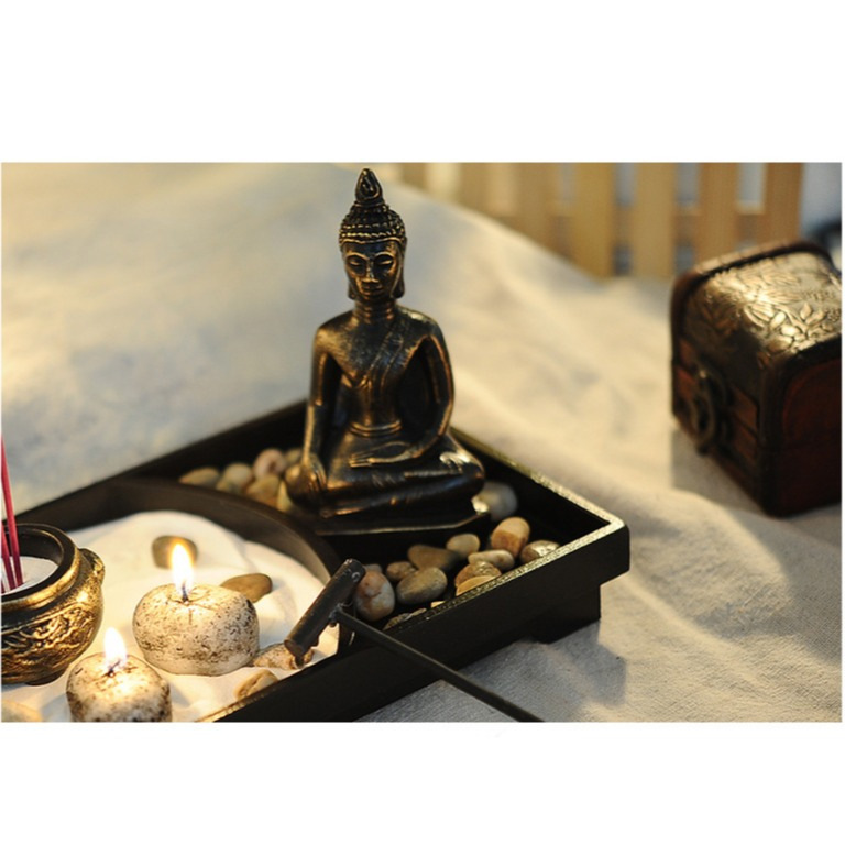 (11-tlg. Set) Buddha Zen Garten Home Deko mit Räucherstäbchen   Teelicht in Stein Optik - Schwarz