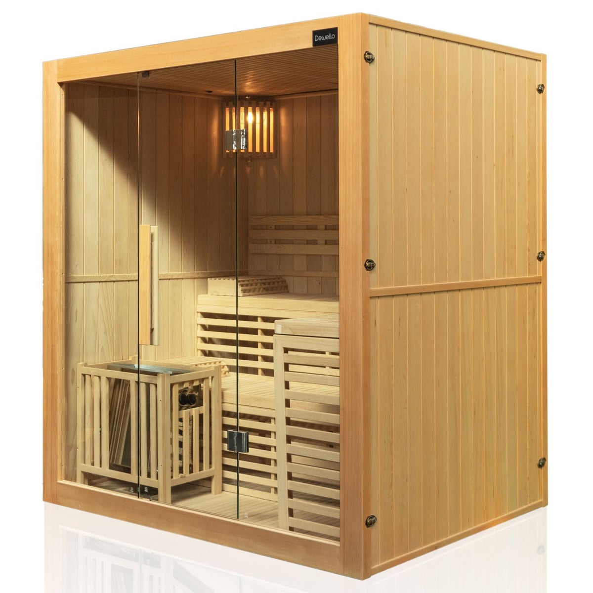 Dewello® Finse Traditionele Sauna SARNIA 180cm x 140cm incl. 6 KW Harvia kachel, incl. sauna-infusieset, zandloper, thermometer