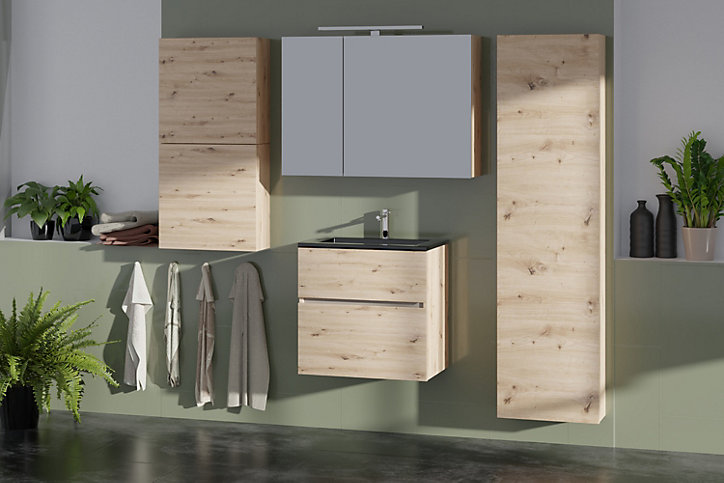Meuble sous-vasque faible profondeur à suspendre Calao aspect chêne artisan 60 cm + plan vasque en résine noir
