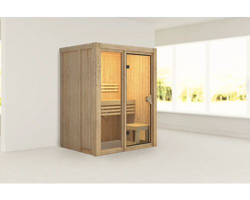 Elementsauna Karibu Avarni 1 zonder oven en dakkroon met gebronsde volledig glazen deur