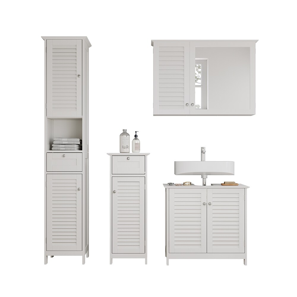 Vicco Badmöbel-Set Riad, Weiß, Badezimmer, moderne Badserie, Lamellen-Front, Waschtischunterschrank, Spiegelschrank, Midischrank, Hochschrank