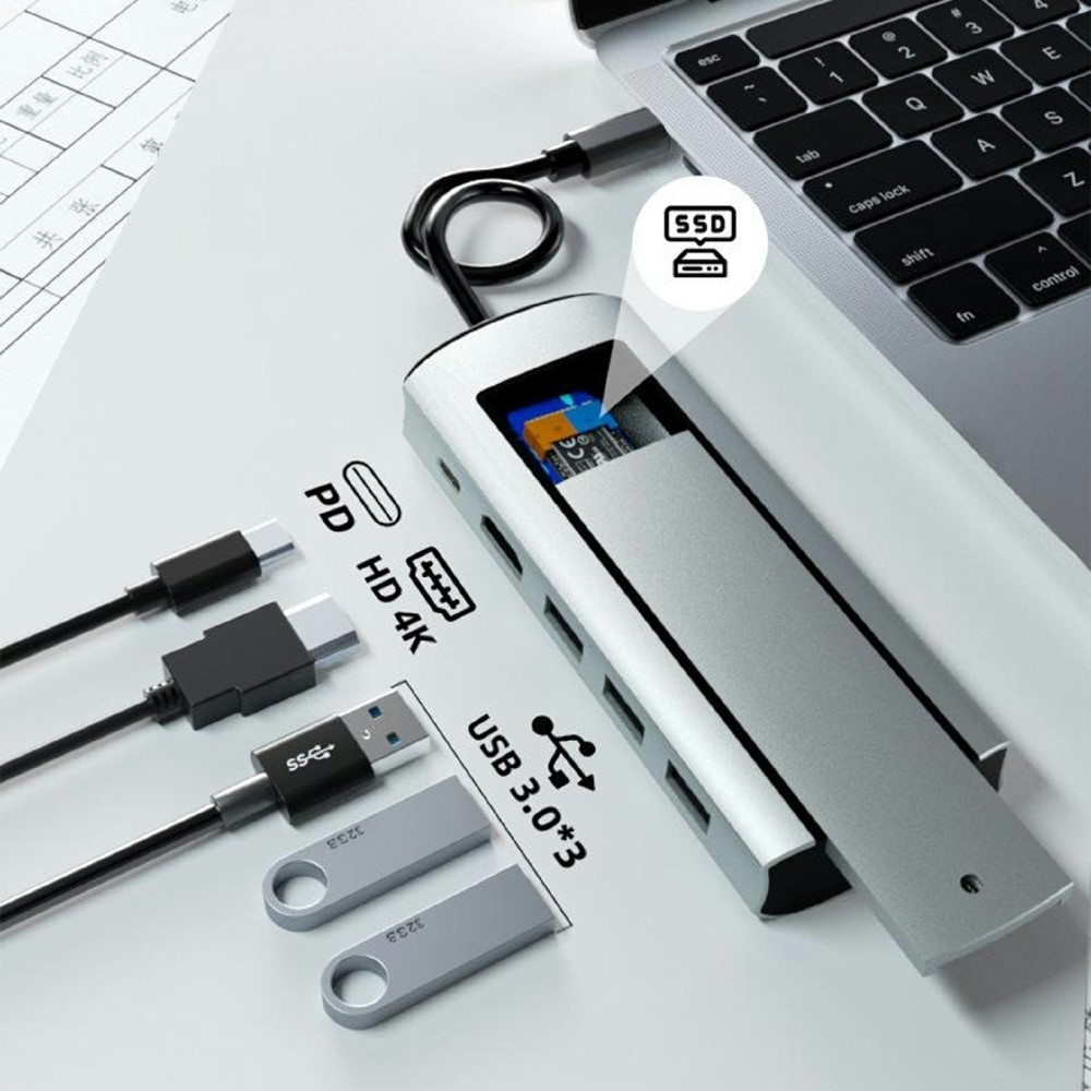 USB C 6 in 1 Multiport Adapter HUB mit USB C (PD) / 3x USB 3.0 / HDMI / SATA, NVME SSD Lesegerät  - Silber