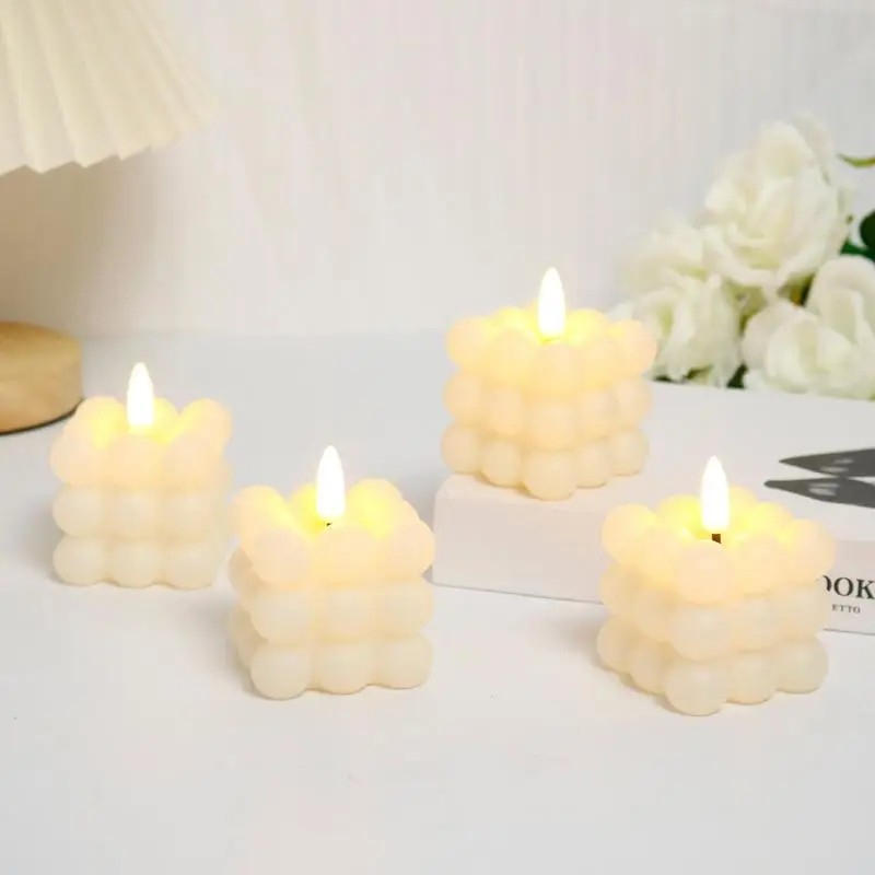(55x75mm) LED Bubble Kerze Home Deko Stimmungsleuchte im Kerzen Würfel Design (inkl. LR1130 Batterien) - Warmweiss