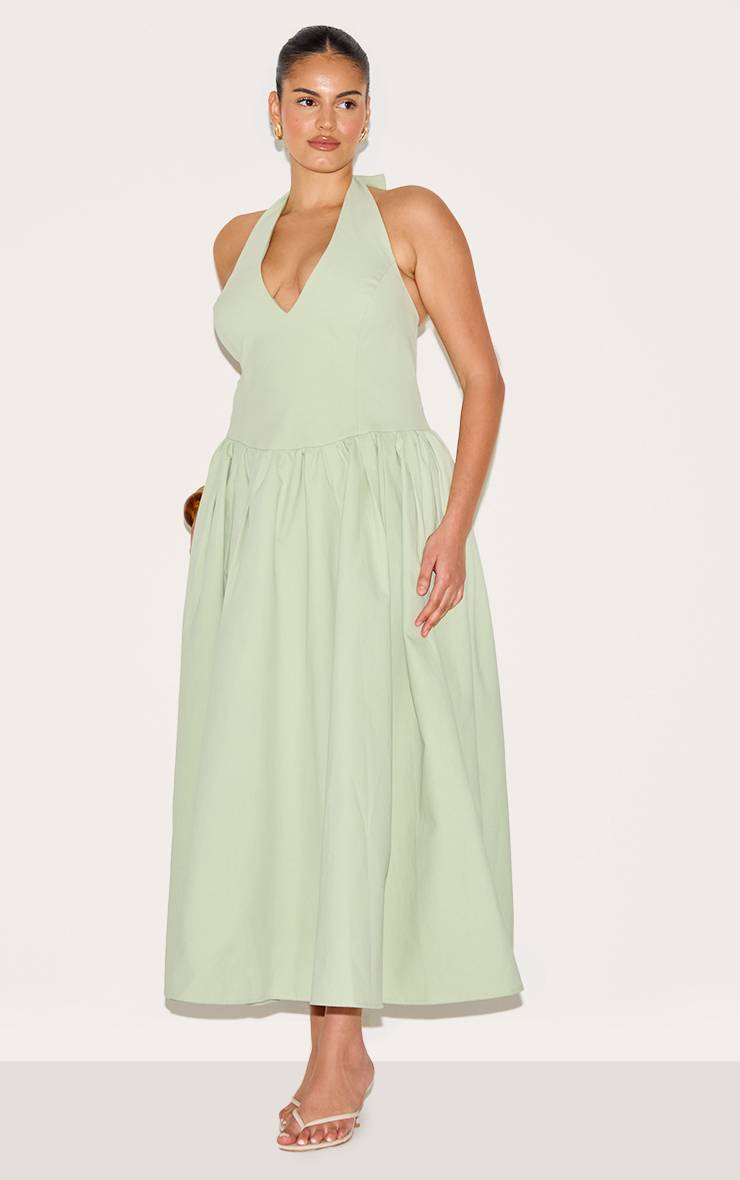 Vert Sauge Robe Midaxi Grande Taille Col Licou Avec Détail Nœud