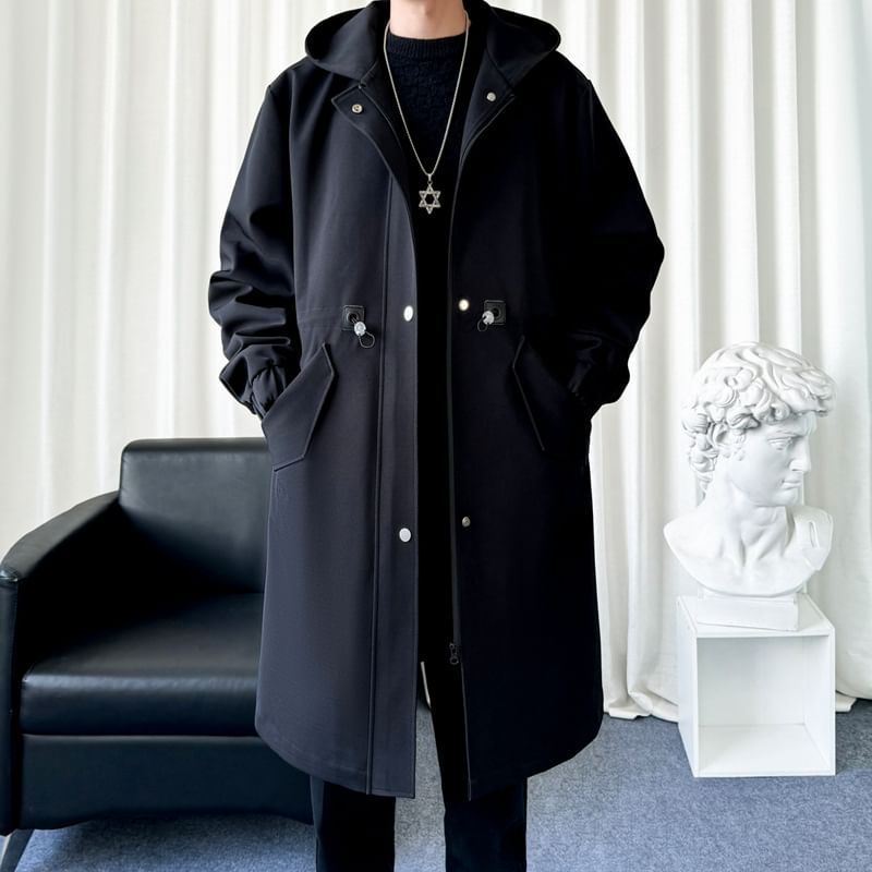 FORSETI - Lange trenchcoat met capuchon, trekkoord in de taille en ritssluiting