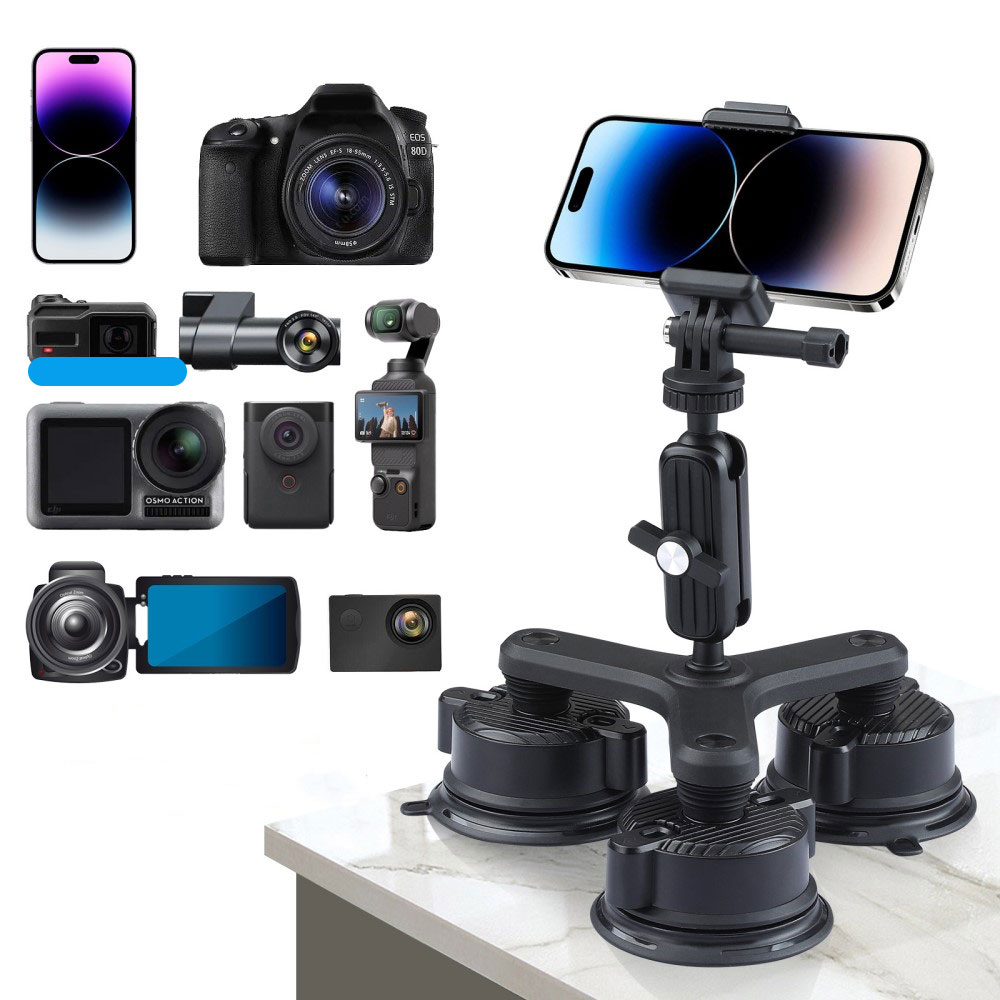 Auto KFZ Kamera Dreifach Saugnapfhalterung   Stativ Adapter für Smartphone / DSLR Kamera / GoPro / Insta360 mit 1/4