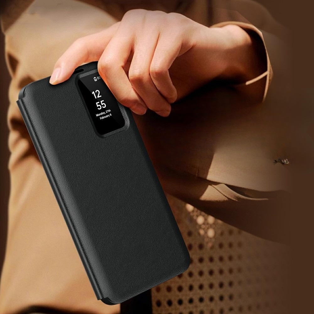 Samsung Galaxy A56 Leder Hülle Small Window View Flip Case Litchi Look - Schwarz