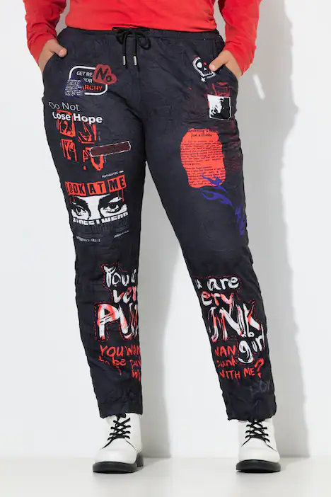 Hose, Loose Fit, Joggpants, Crincle, Alloverprint, schwarz