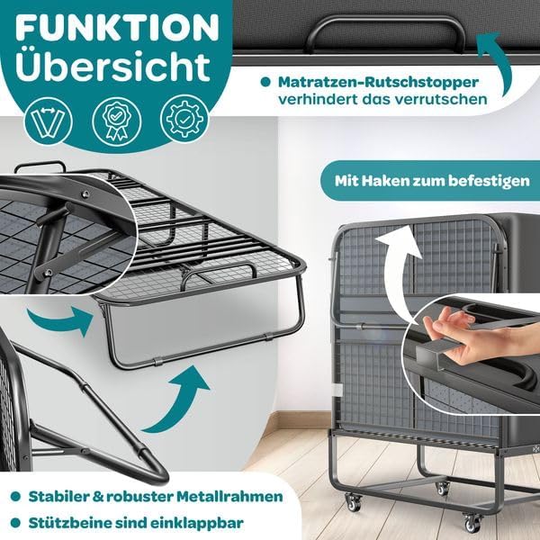 KESSER® Klappbett 200x90cm Gästebett inkl. Matratze aus Memory-Schaum & Rollen | faltbares Reisebett mit Metallrahmen für Erwachsene belastbar bis 250kg | Metallbett mit Schaumstoffmatratze & Cover