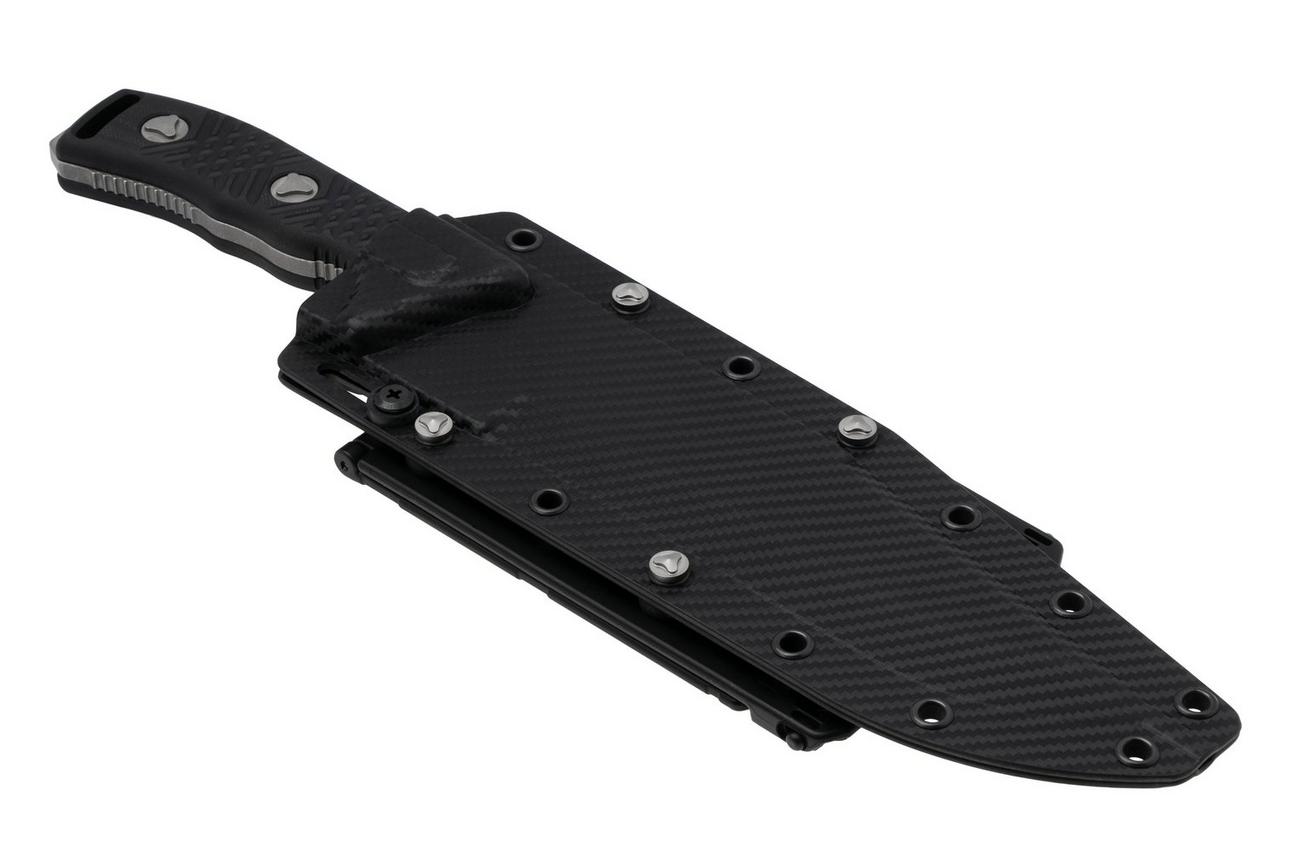 Microtech Arbiter 104-10AP, Apocalyptic Stonewashed M390, Milled Black G10, vaststaand mes, Adam Marfione design