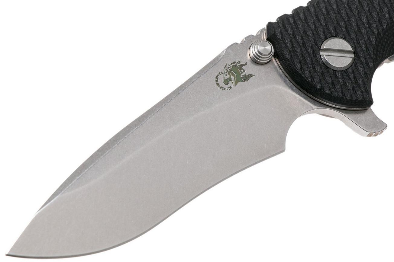 Rick Hinderer XM18 3.5” Recurve, CPM 20CV, Stonewash, Black G10, zakmes