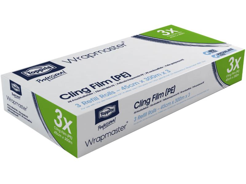 Toppits Frischhaltefolie Wrapmaster PE 45 cm 3 Stück, Trans Nachfüllrollen