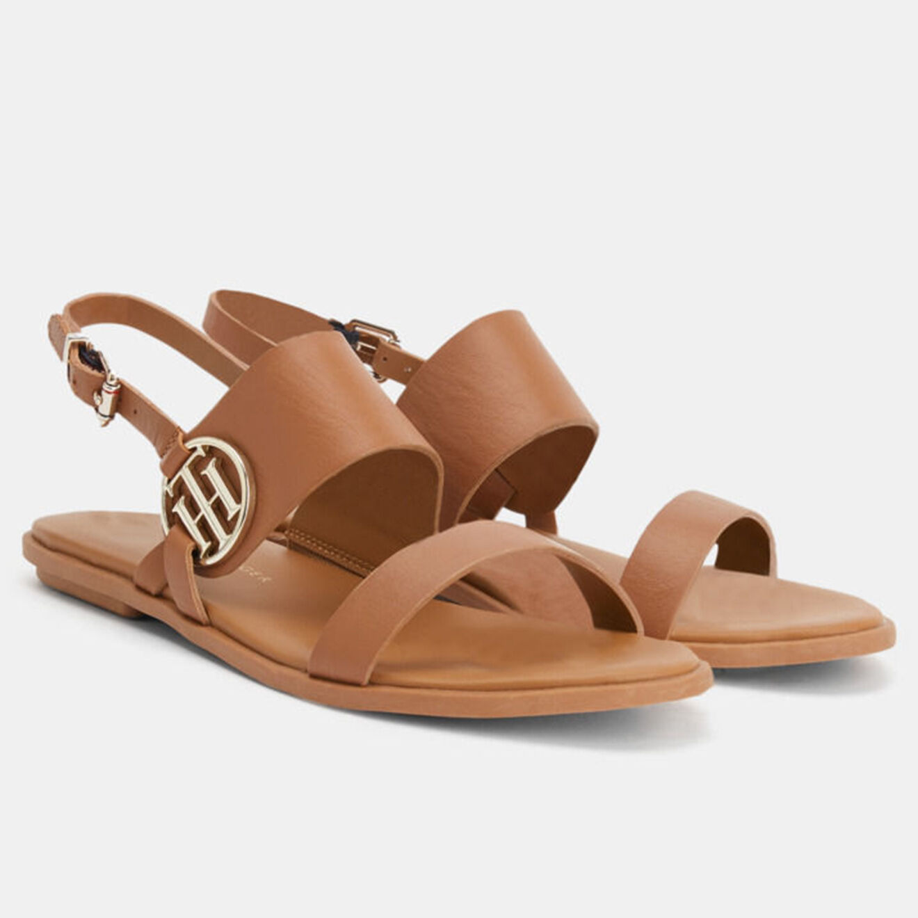 Tommy Hilfiger Sandales en Cuir Round Flat cognac